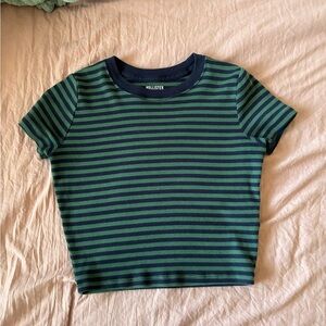 Hollister Green & Navy Striped Short Sleeve Tee